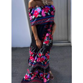 Virágmintás vállra húzható maxi ruha