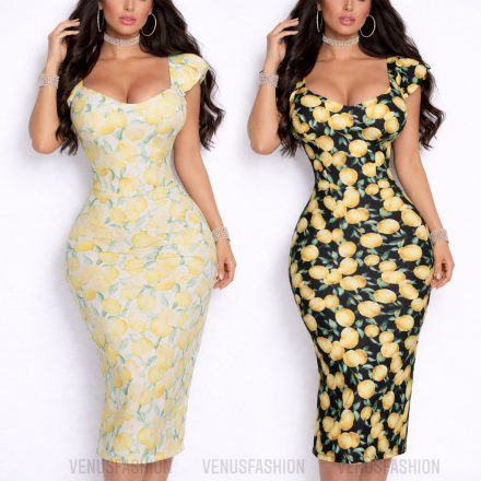 Vállán fodros citrom mintás ruha