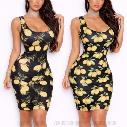 Citrom mintás oldalt sliccelt ruha