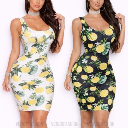 Citrom mintás oldalt sliccelt ruha