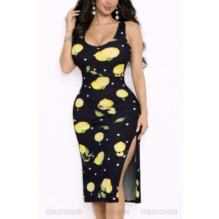 Citrom mintás oldalt sliccelt ruha