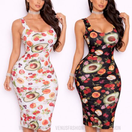 Gyümölcs mintás oldalt sliccelt ruha